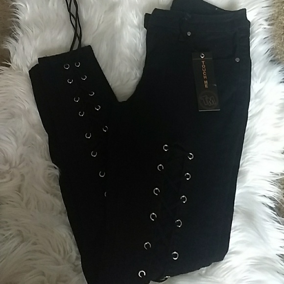 Black Jean Gold Lace Up Pants - Picture 3 of 4